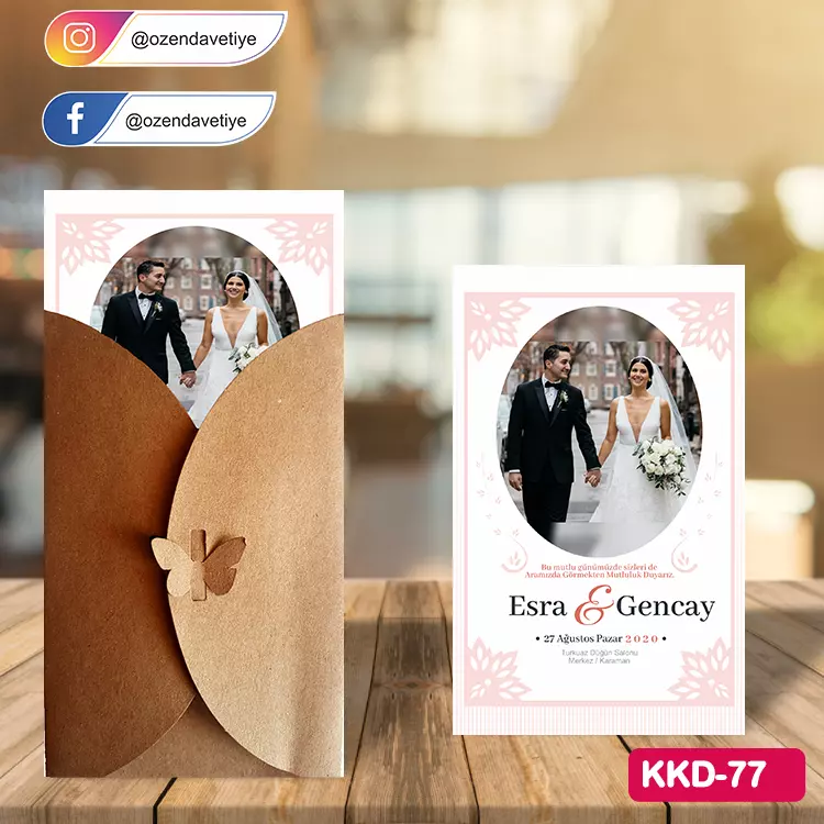 ozen-davetiye-Düğün Davetiyesi - Kelebekli Kraft Zarflı Davetiye Model No:77